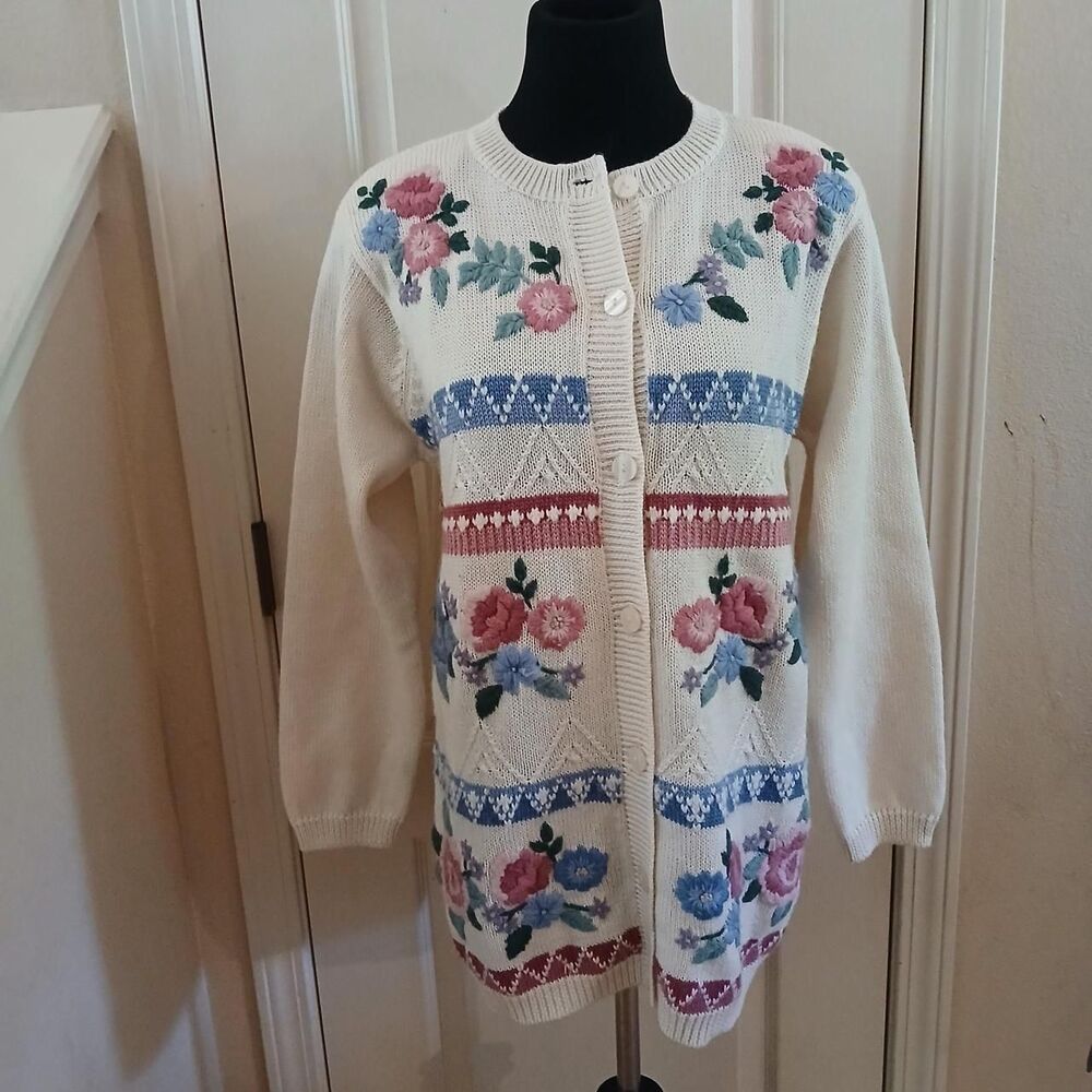Vintage Alfred Dunner Floral Embroidered Knit Cardigan S Fairy Cottage Feminine